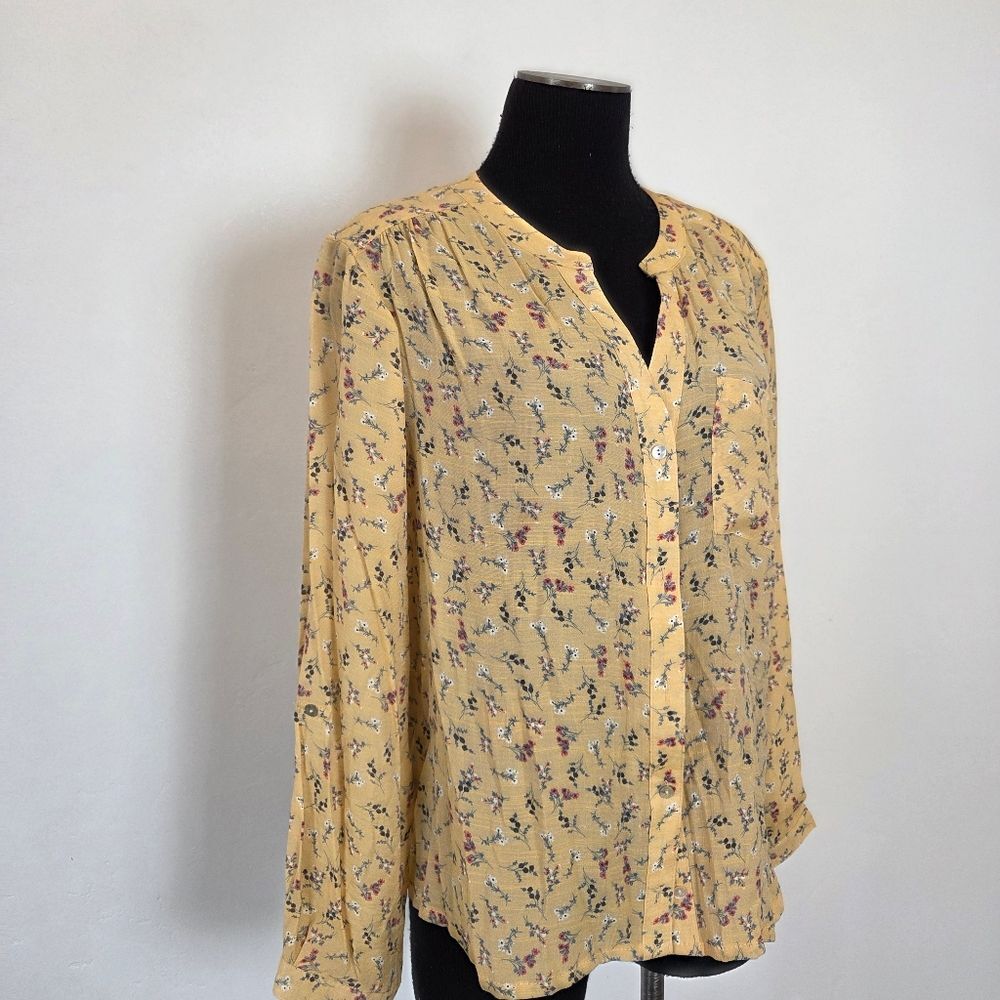 Zac & Rachel Butter Yellow Floral Blouse Top Peasant Cottagecore  Modest Large